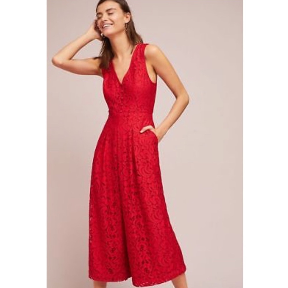 Anthropologie red crochet wide-leg jumpsuit